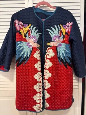 Embroidered Quilted Red & Navy Bird Motif Puffer Coat